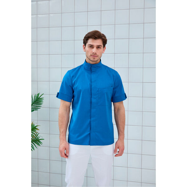 Рубашка мужская, со стойкой, с коротким рукавом, голубой, 56 - фото 0