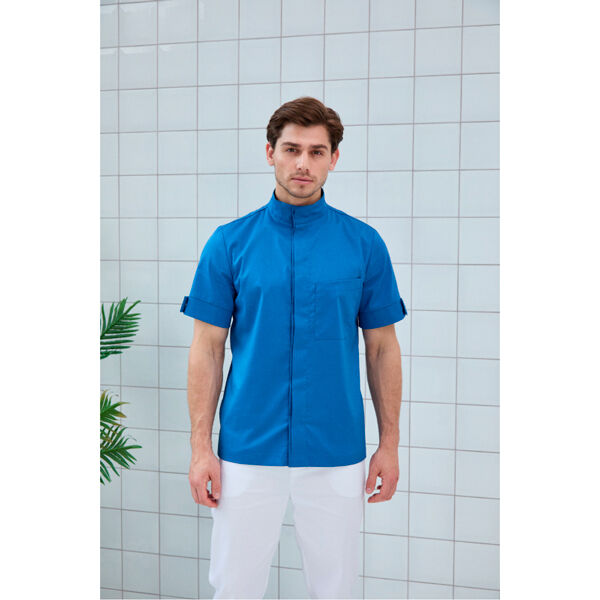 Рубашка мужская, со стойкой, с коротким рукавом, голубой, 54 - фото 0