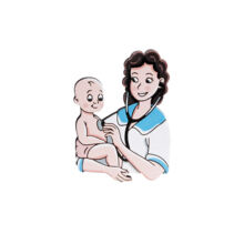 Значок "Педиатр с малышом", кучерявая брюнетка