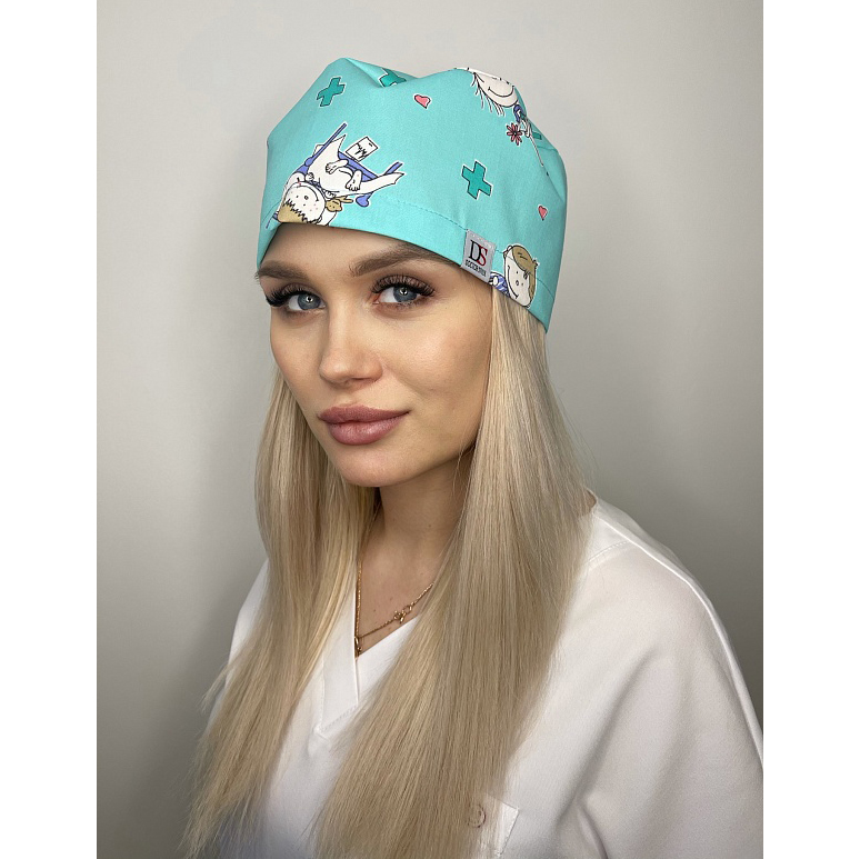 Колпак медицинский «Хэппи», с рисунком, бирюзовый фон
