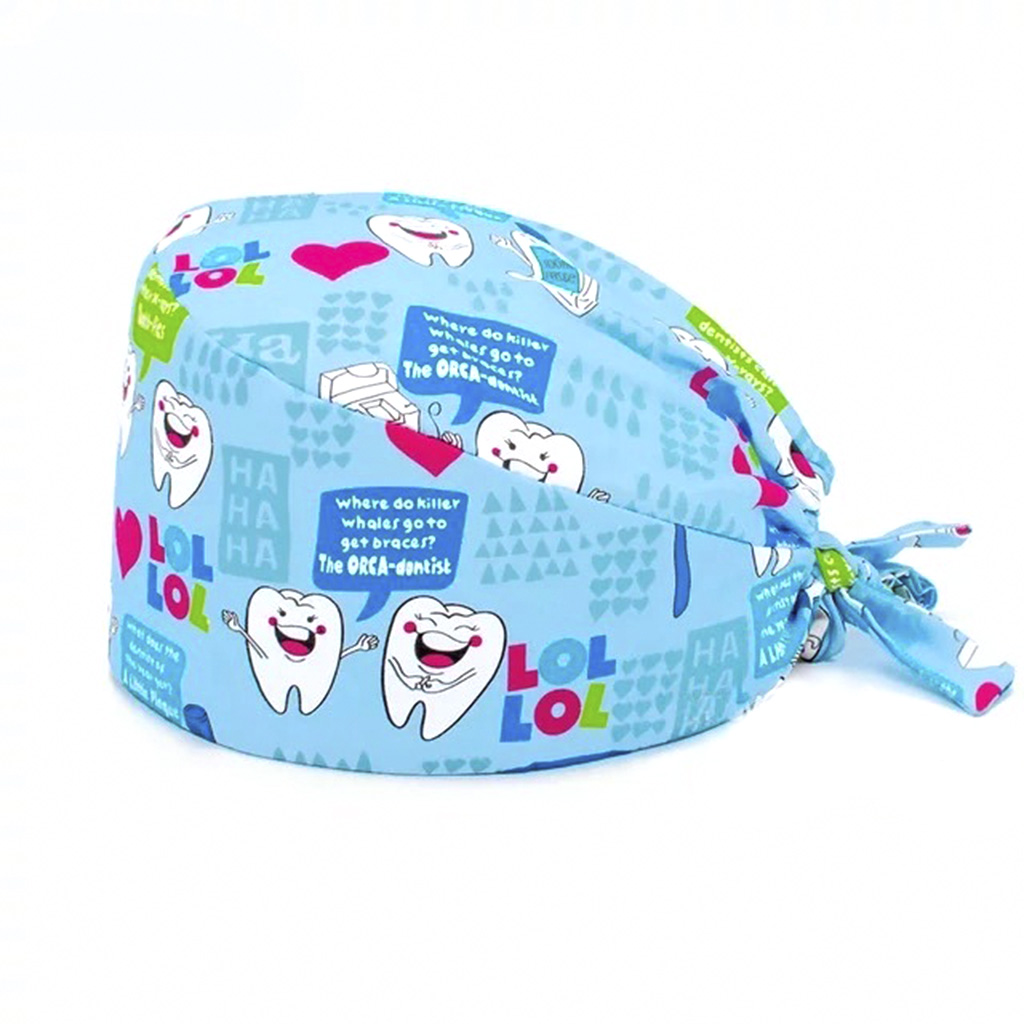 Шапочка медицинская, принт "Зубной смех", голубой