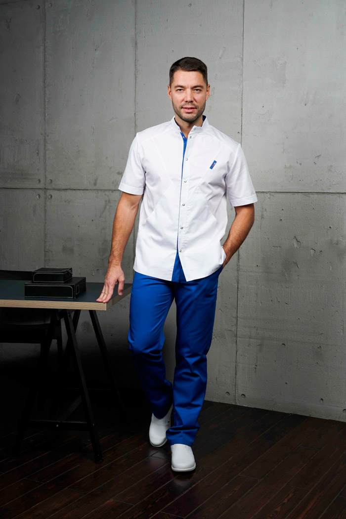 Блуза мужская «Алекс», белая с васильком, 46