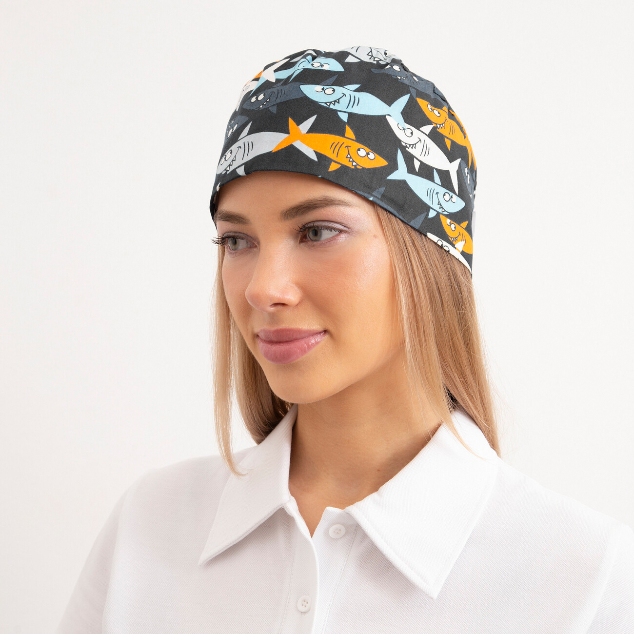 Шапочка медицинская, принт "Акулы", серая