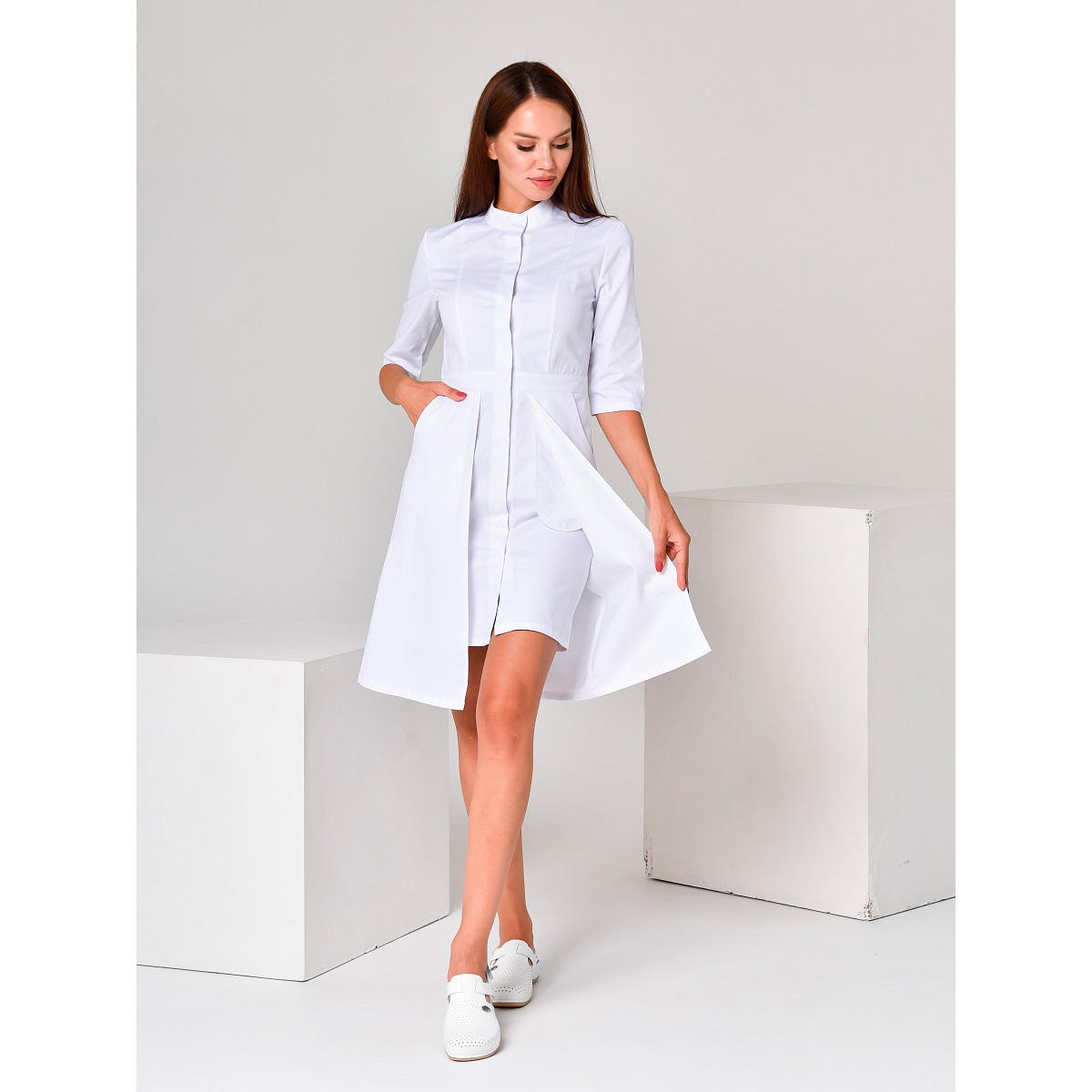 Халат женский с двойной юбкой, белый, 40