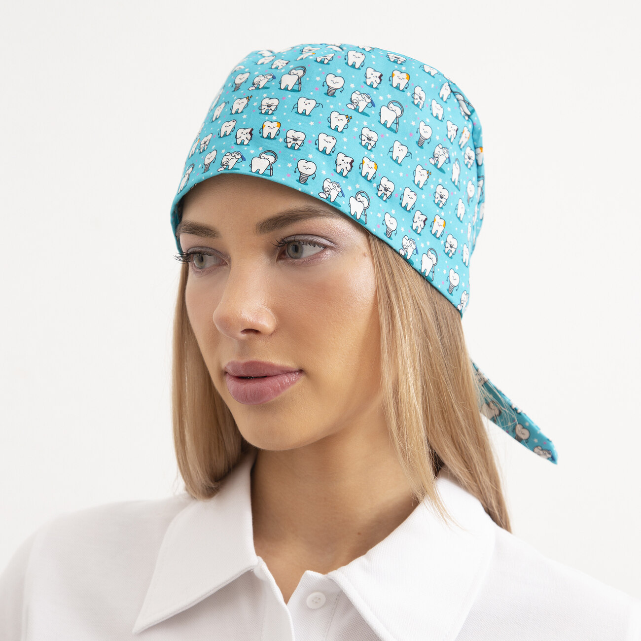 Шапочка медицинская, принт "Зубы", голубой