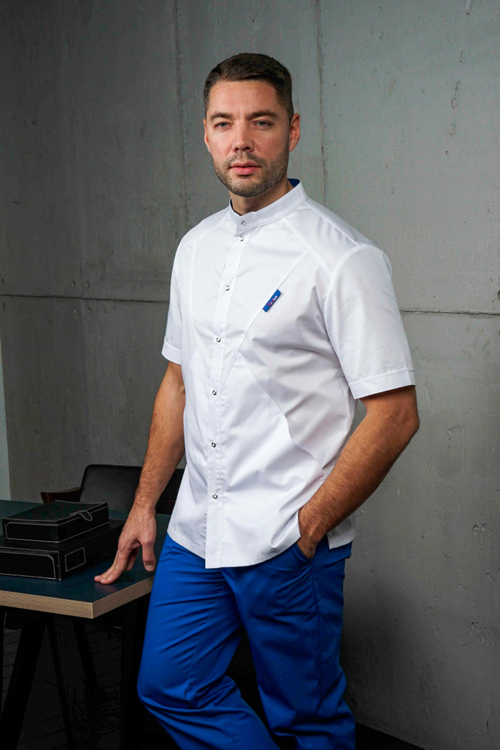 Блуза мужская «Алекс», белая с васильком, 46