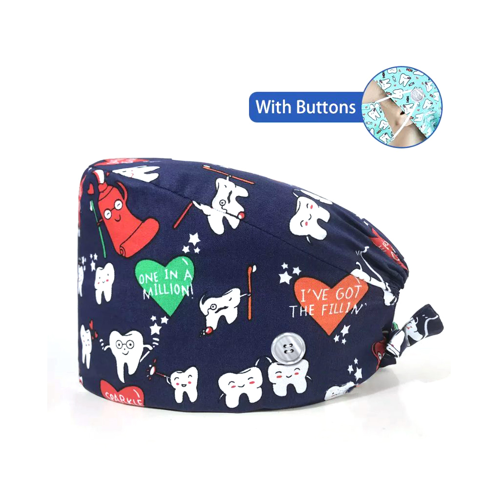 Шапочка медицинская, принт "Зубная паста и зубы", синий