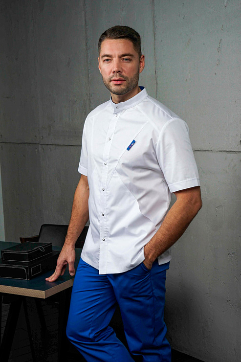 Блуза мужская «Алекс», белая с васильком, 52