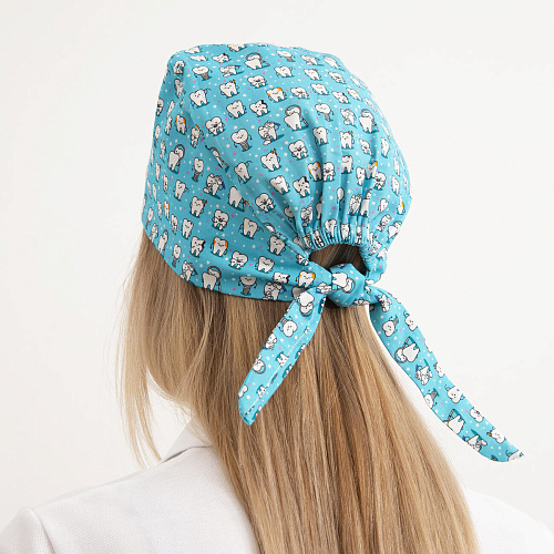 Шапочка медицинская, принт "Зубы", голубой