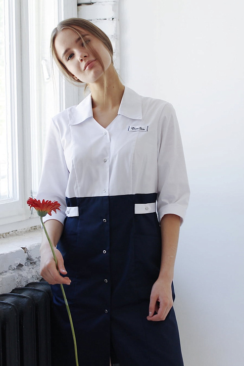 Халат женский «Медика», белый/синий, 52