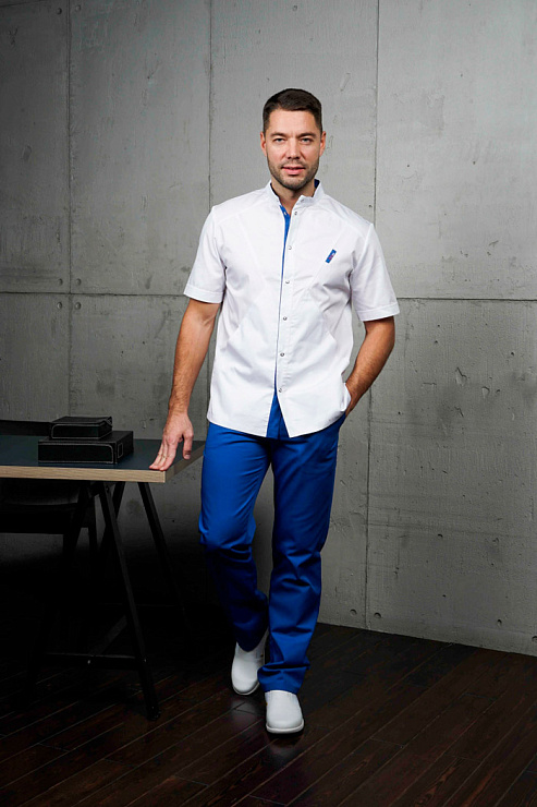 Блуза мужская «Алекс», белая с васильком, 46