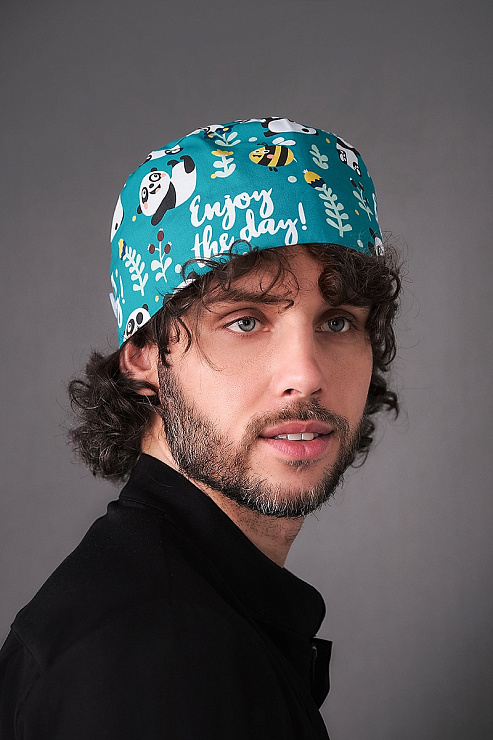 Шапочка медицинская, принт "Панда и пчела", зеленый