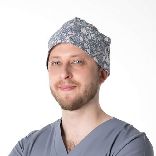 Шапочка на завязках, серо-голубой с цветочным принтом