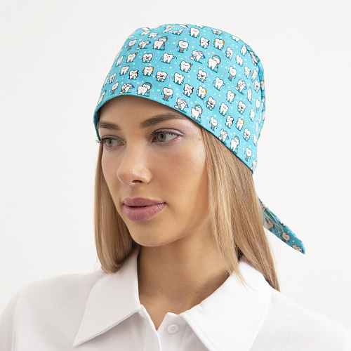 Шапочка медицинская, принт "Зубы", голубой